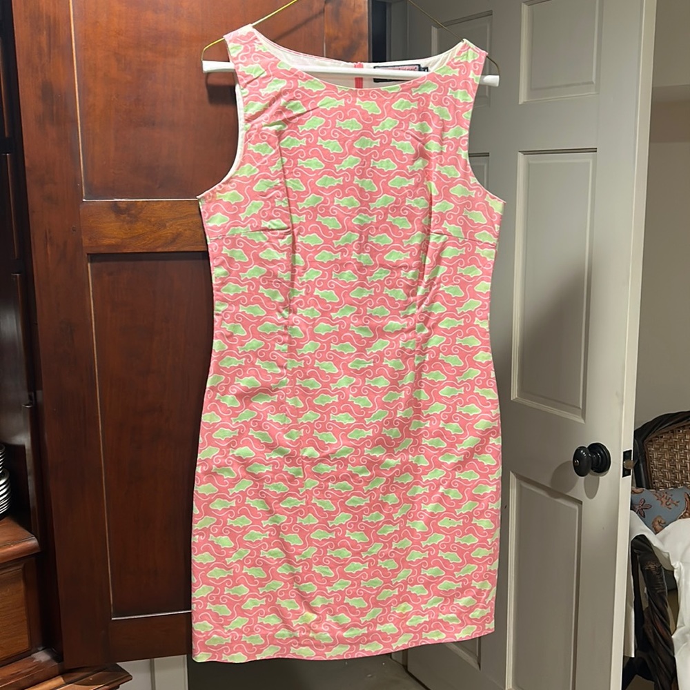 Pink and green Vineyard Vines fish print shift dress.